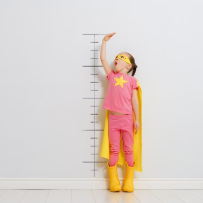 A small girl dressed up like a super hero measures her height illustrates growth.